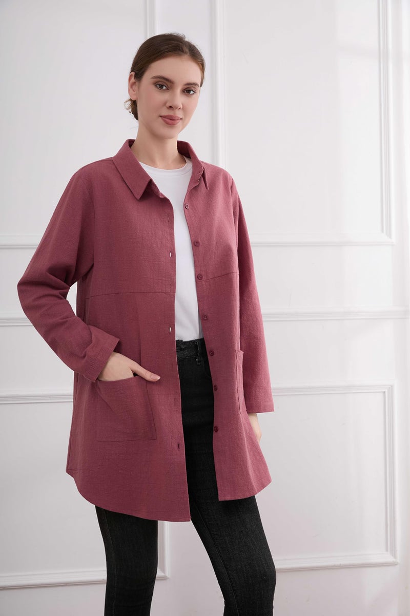 Minibee قمصان نسائية من الكتان من ميني بي بأزرار طويلة بلوزة بحجم زائد مع جيوب حمراء M - Image 2